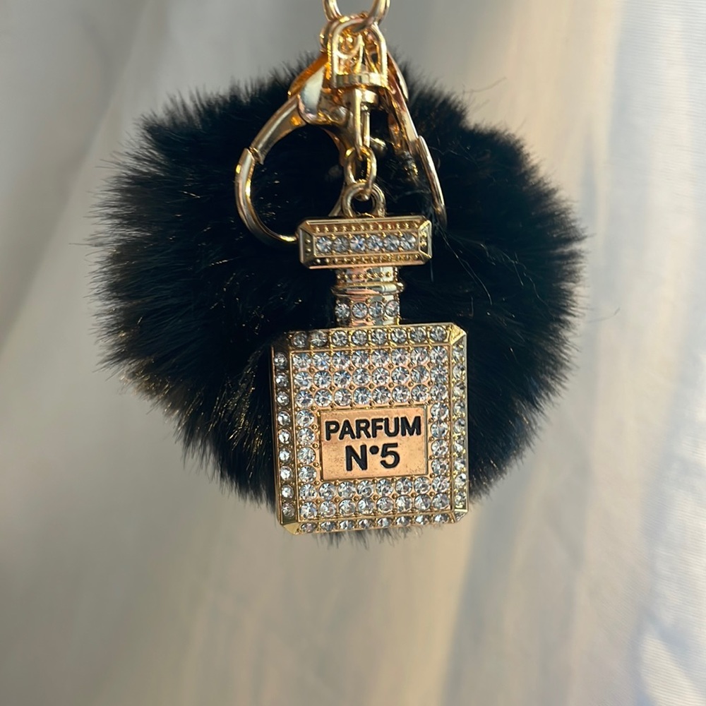 NEW Black Pom with Rhinestone perfume charm luxury style keychain